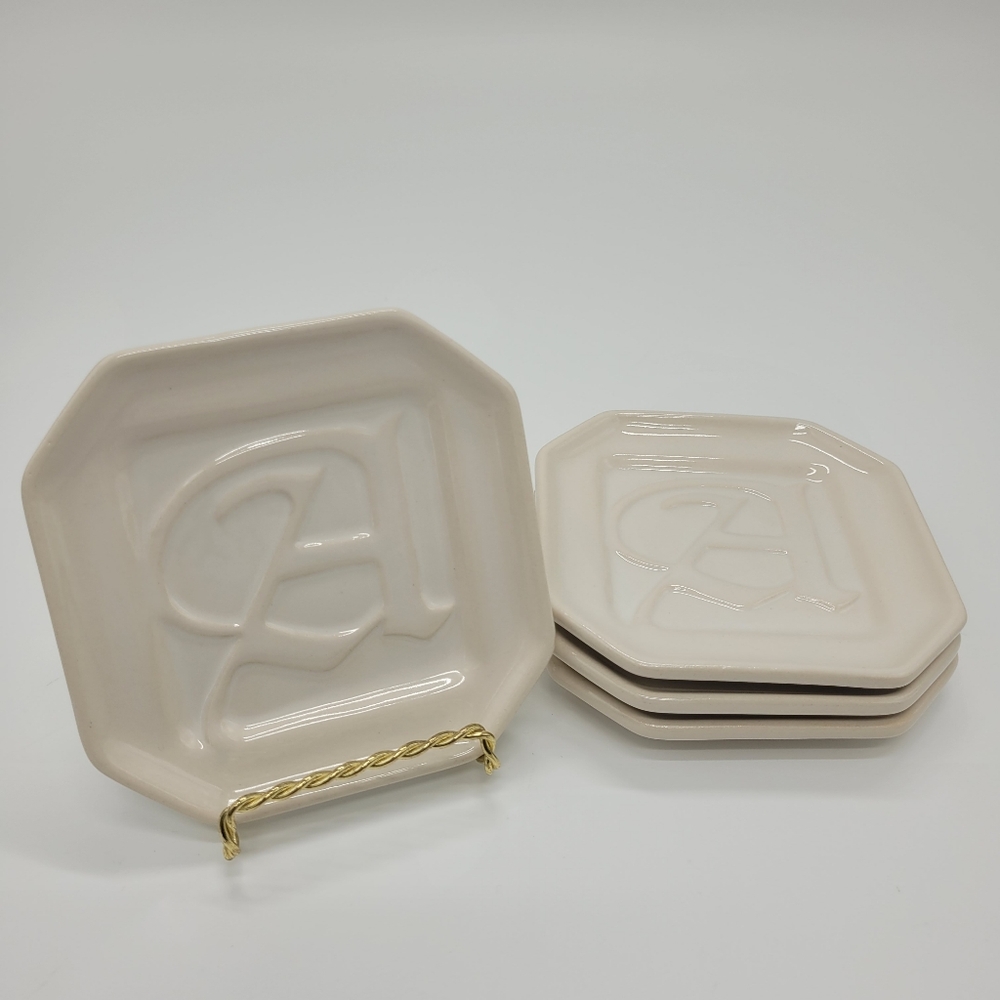 Pottry Barn Plates Set of 4 A-Z Dishes Cream Monogrammed A Squared Octagon Decor